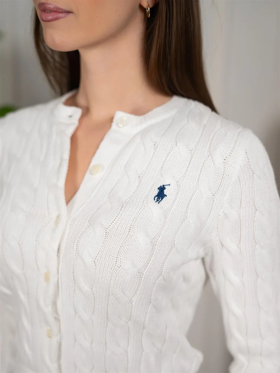 Polo Cable-Knit Cotton Crewneck Cardigan White - Image 5