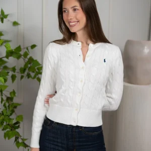 Polo Cable-Knit Cotton Crewneck Cardigan White